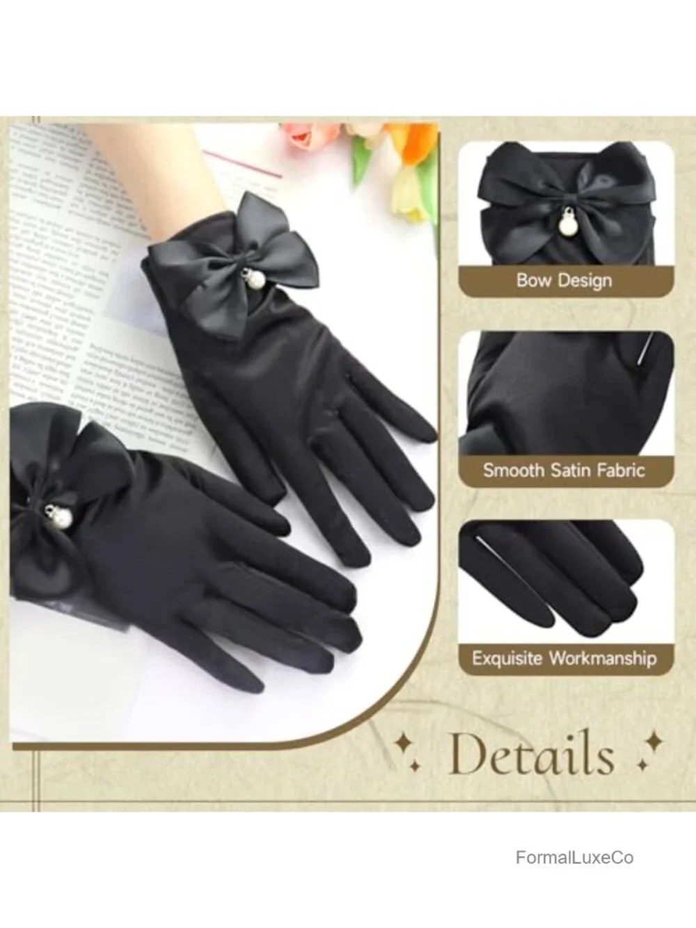 Satin Bow Pearl Wrist Length Dress Gloves for Women Wedding Opera Tea Party